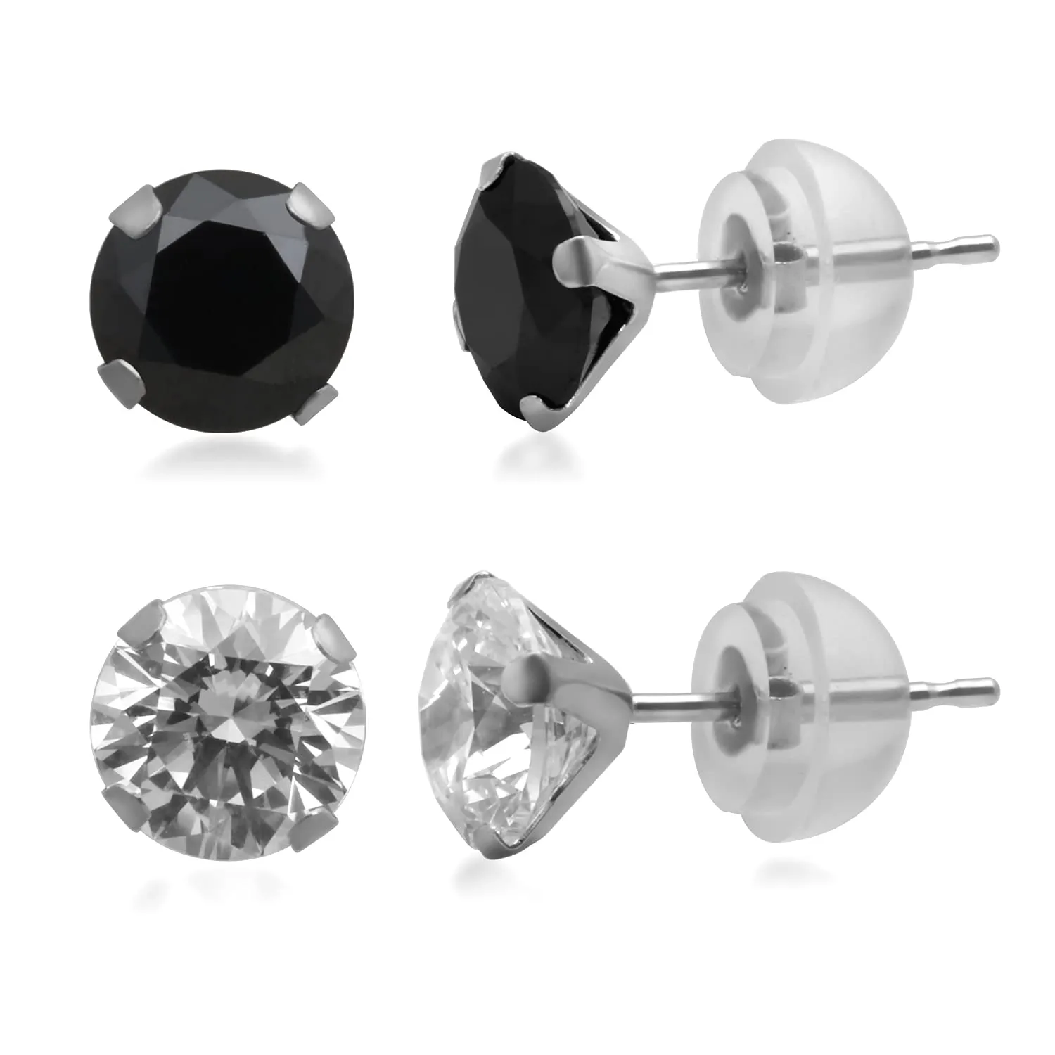 Jewelili 10K White Gold With Black and White Round Cubic Zirconia Earrings Stud Box Set