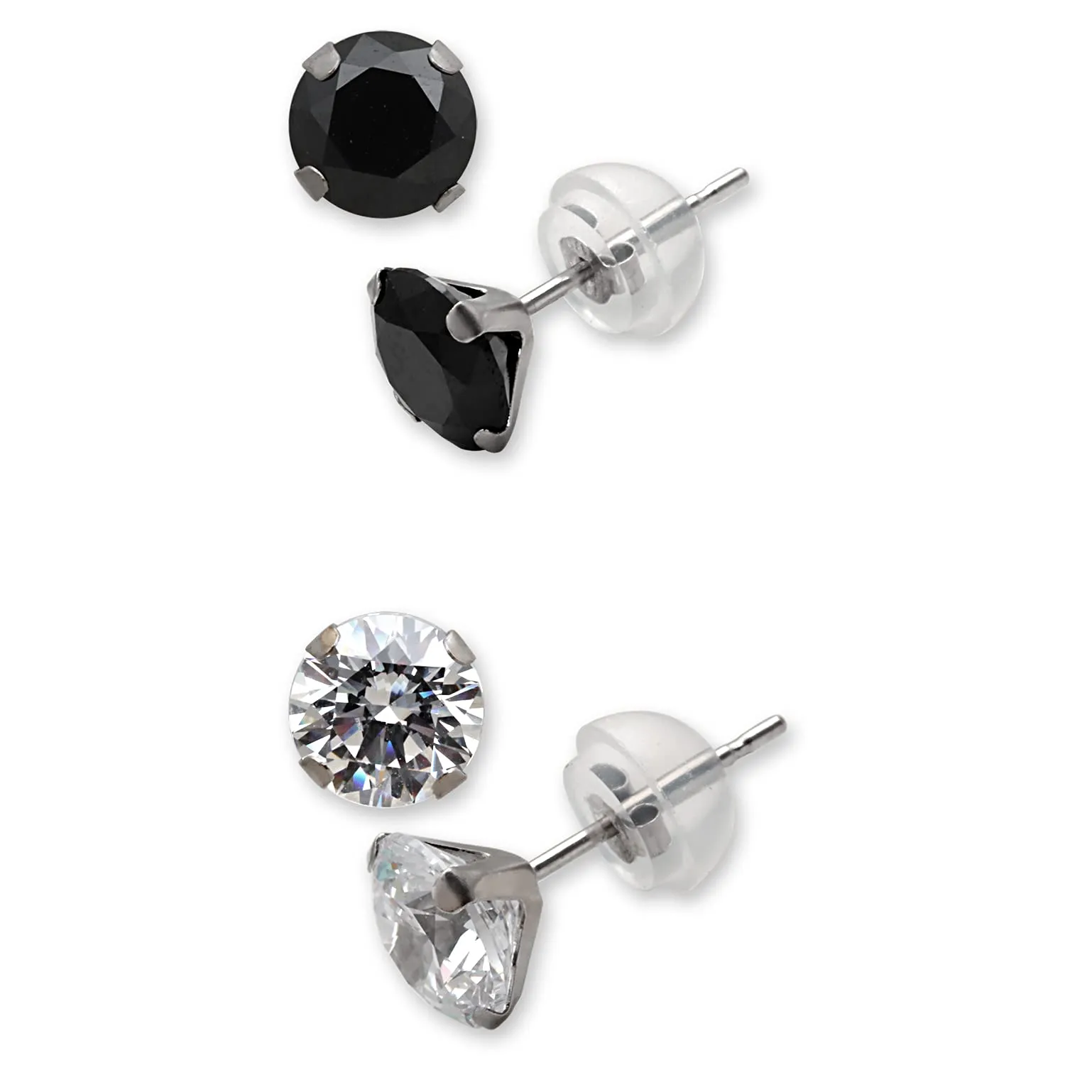 Jewelili 10K White Gold With Black and White Round Cubic Zirconia Earrings Stud Box Set