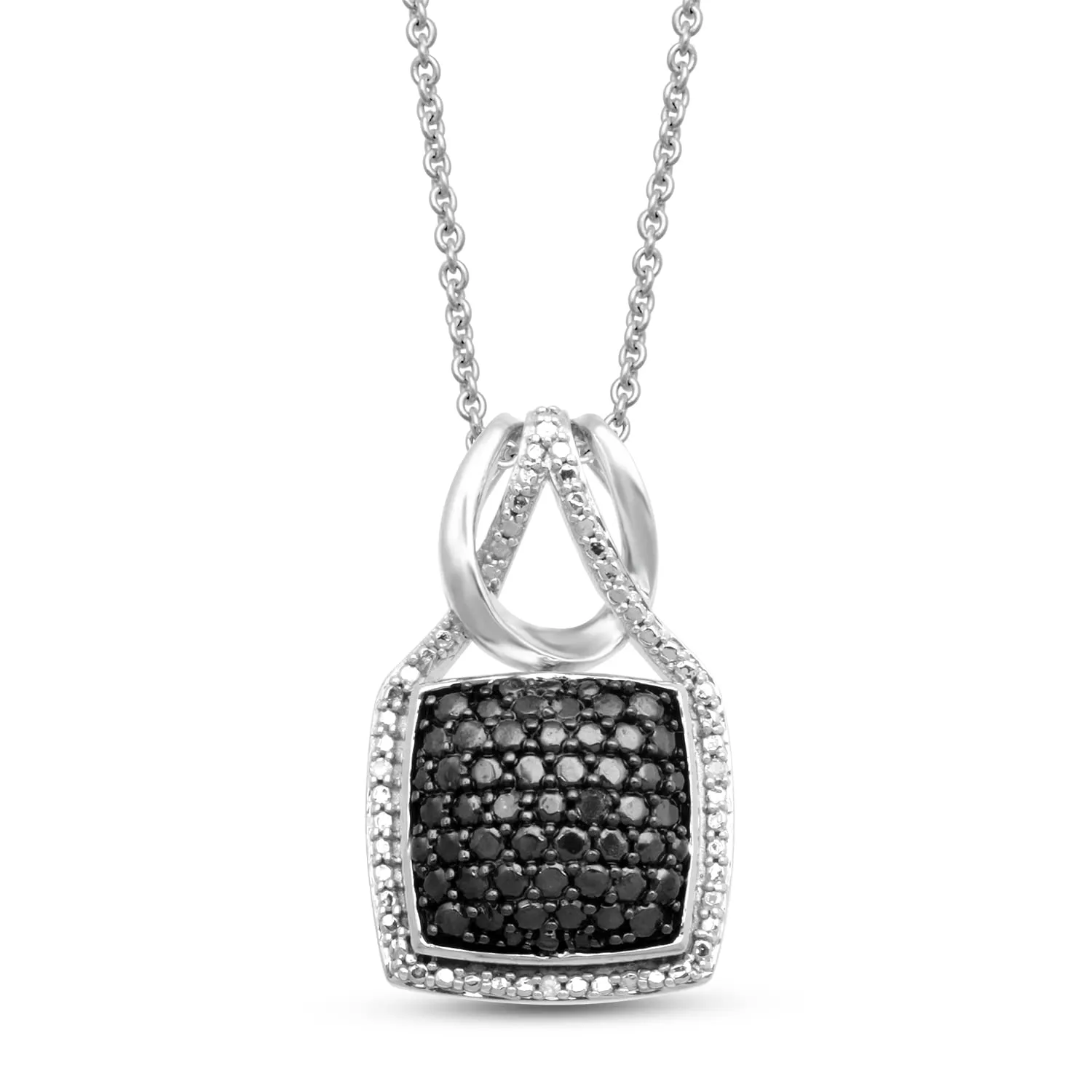 Jewelili White Rhodium Over Brass 1/10 CTTW Treated Black and Natural White Round Diamonds Ring, Pendant Necklace and Stud Earri