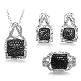 Jewelili White Rhodium Over Brass 1/10 CTTW Treated Black and Natural White Round Diamonds Ring, Pendant Necklace and Stud Earri