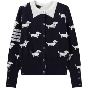 Jiuzhou Eslite/JZZDEMM puppy jacquard design fashionable round neck four-bar knitted sweater cardigan top for women