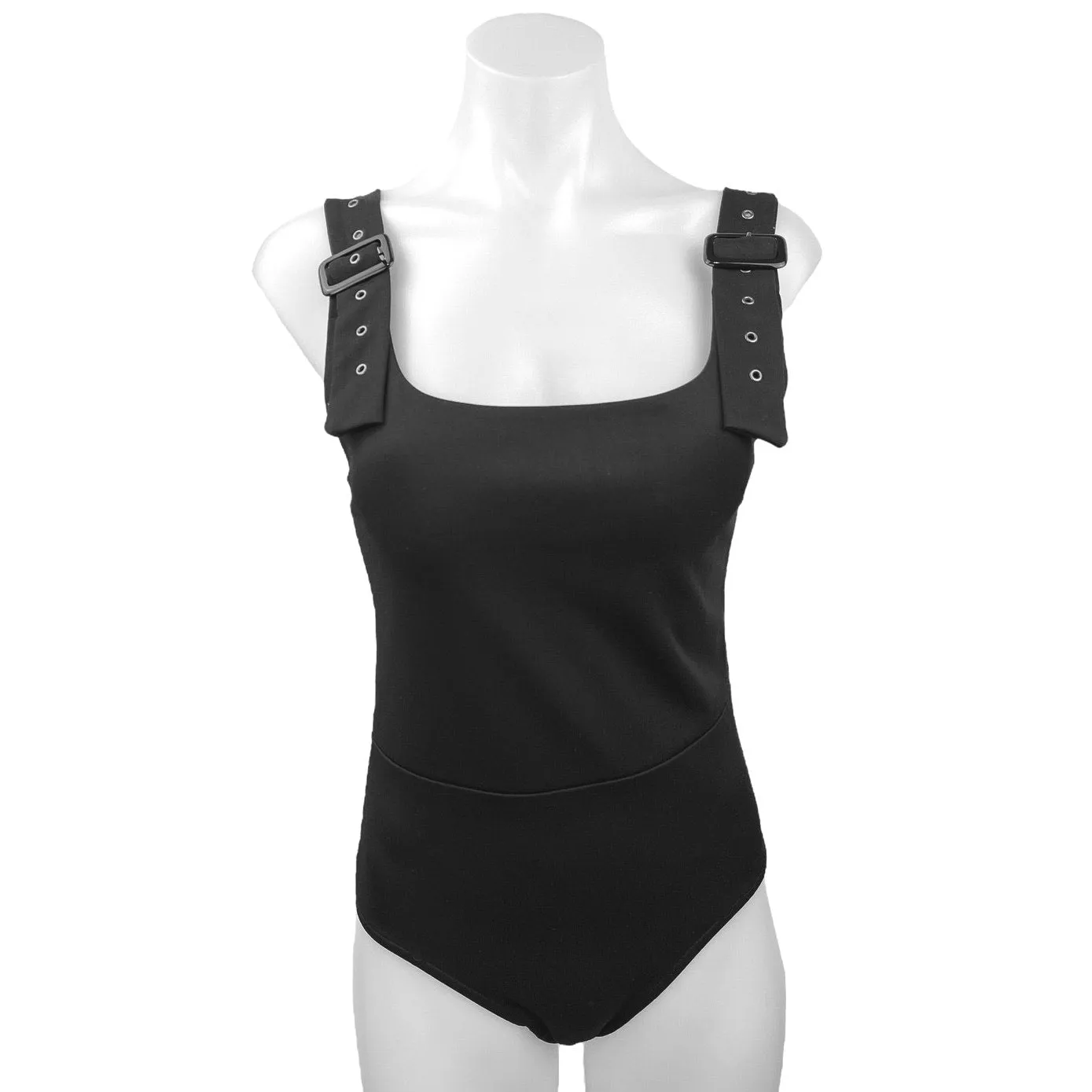 Katie Kane Shoulder Buckle Belted Strap Sleeveless Square Neck Bodysuit Top S