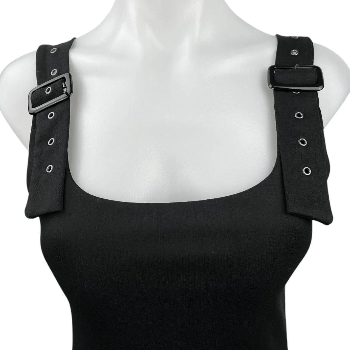 Katie Kane Shoulder Buckle Belted Strap Sleeveless Square Neck Bodysuit Top S