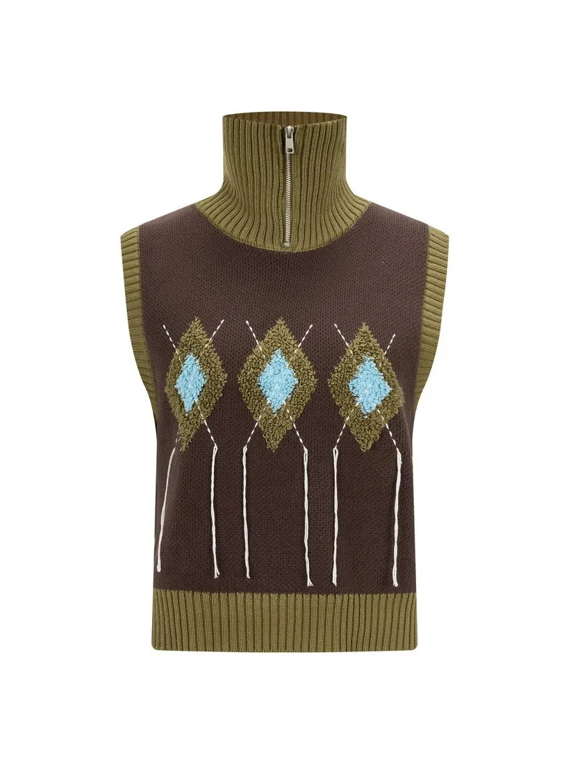 Knit Embroidery Retro Rhombus High-Neck-Vest＆Long-Skirt