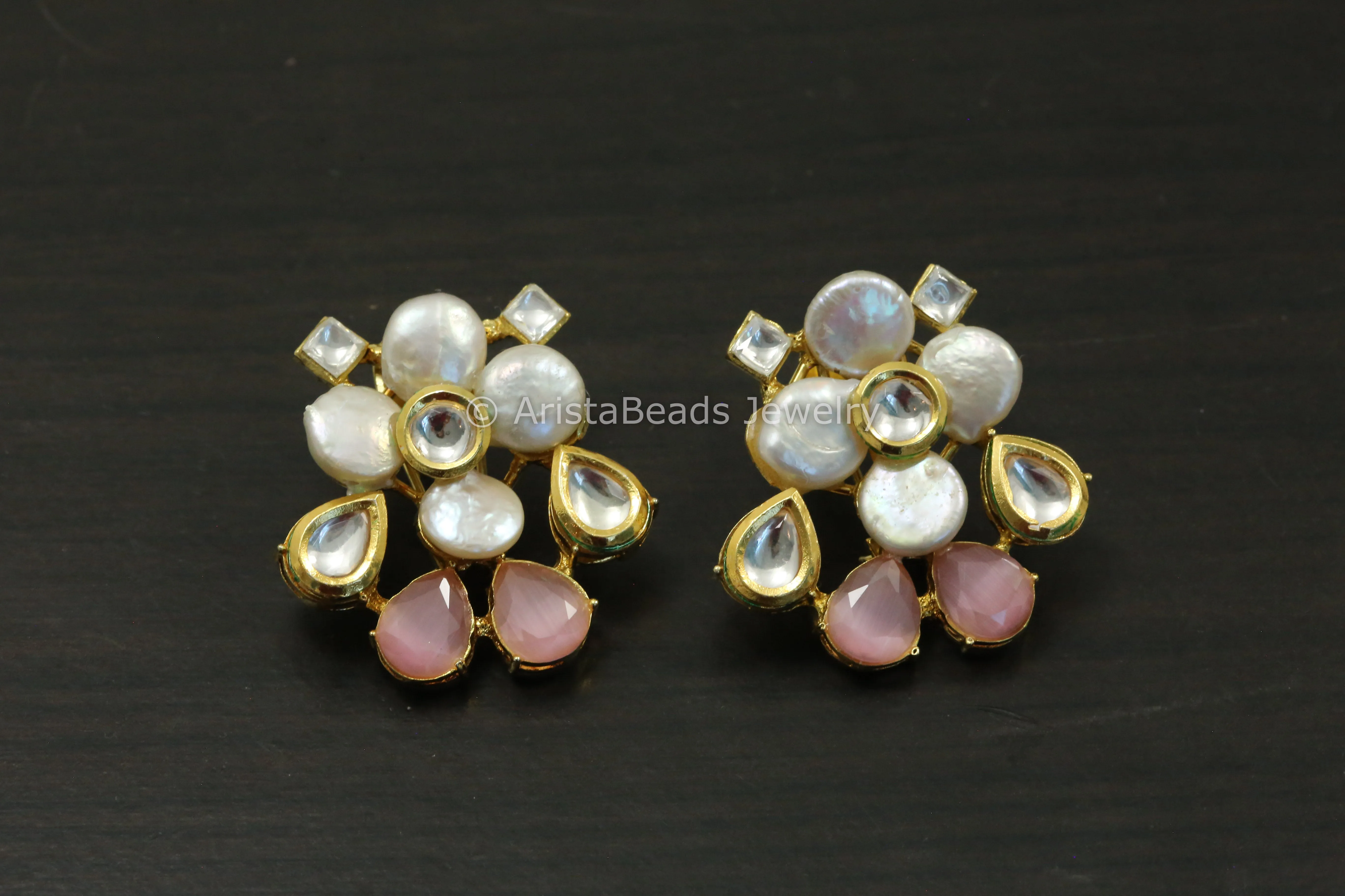 Kundan & Baroque Pearl Studs - Pink