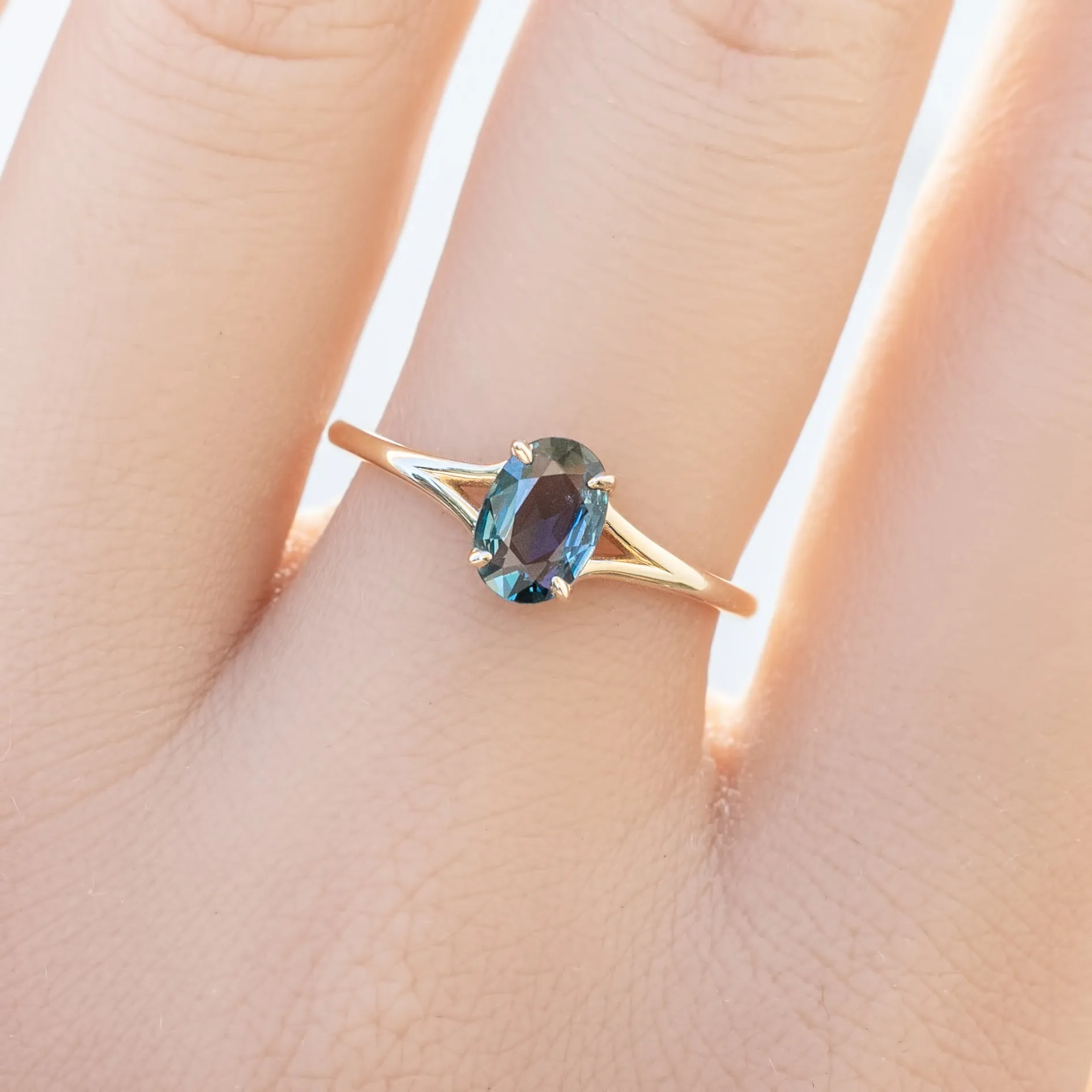 Kylie Ring 0.6ct Blue Green Madagascar Sapphire, 14k Yellow Gold (One of a kind)