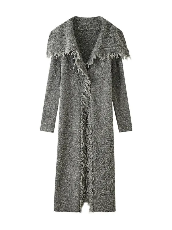 Large Collar Fringed Long Knitted Cardigan