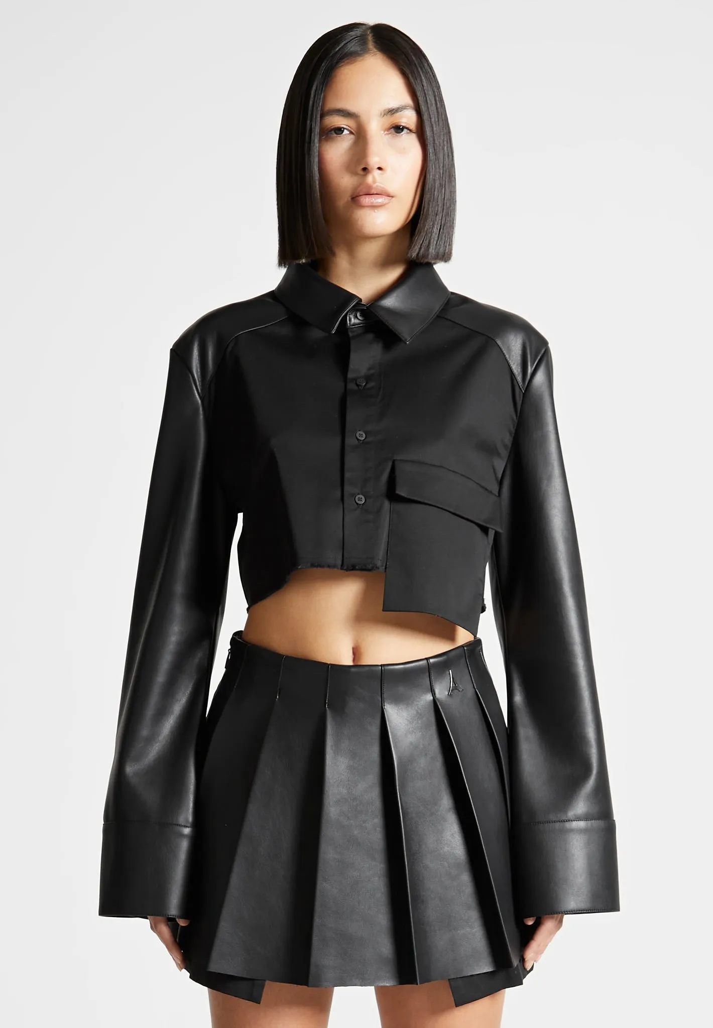 Leather Contrast Cropped Shirt - Black