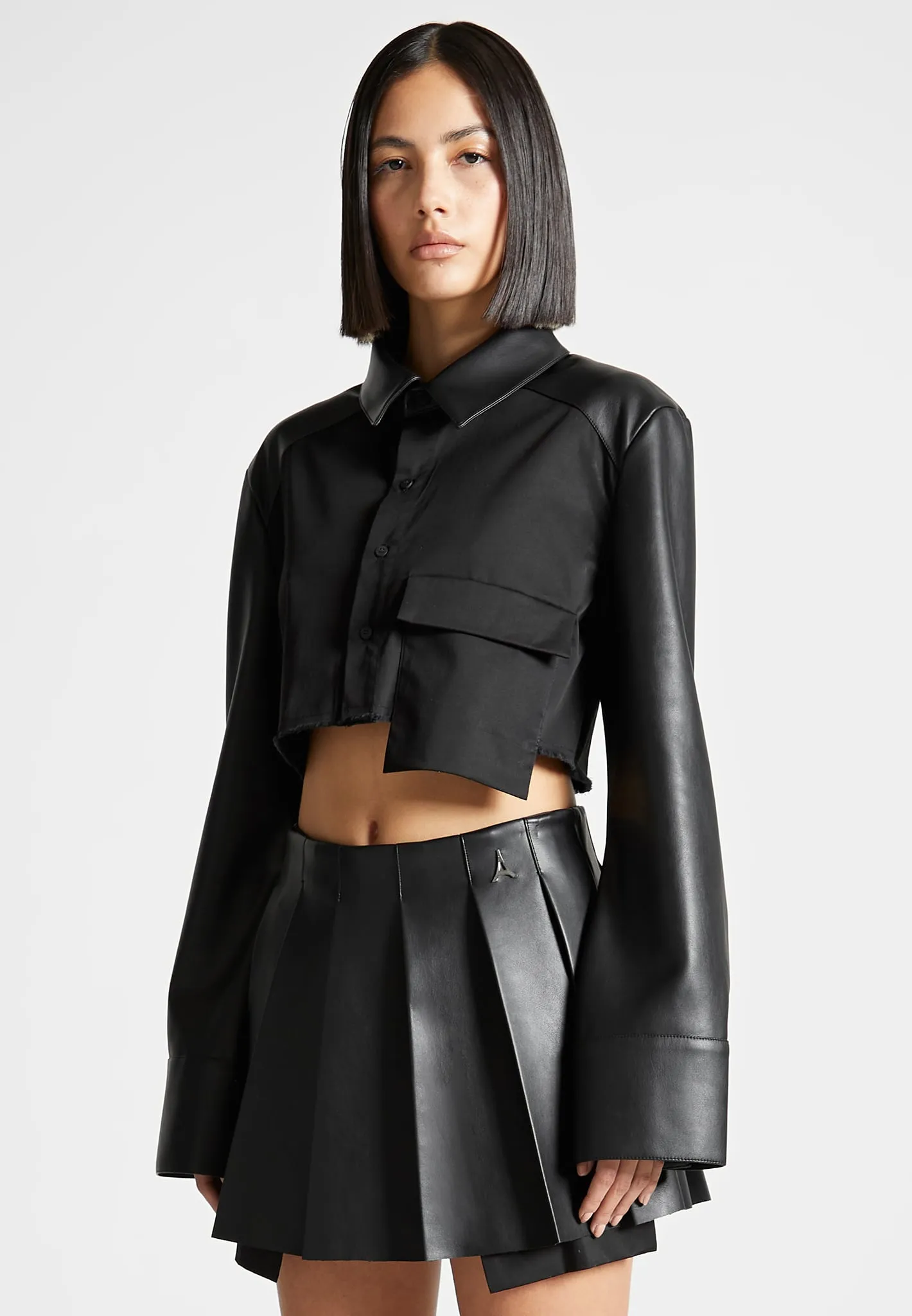 Leather Contrast Cropped Shirt - Black