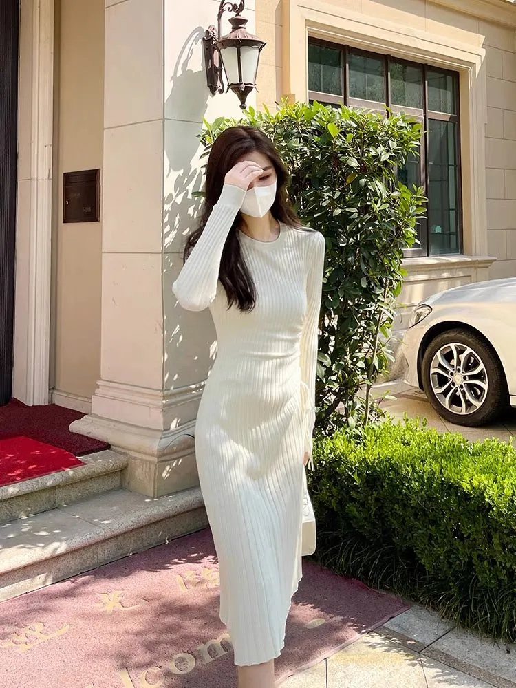 Lin Yaner white knitted dress women's autumn and winter clothing 2023 new French style bottoming autumn and winter sweater dress