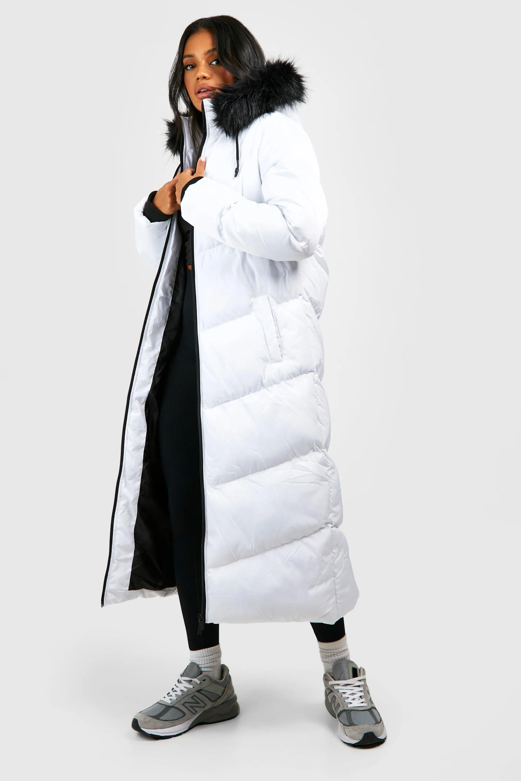 Longline Faux Fur Trim Puffer Jacket