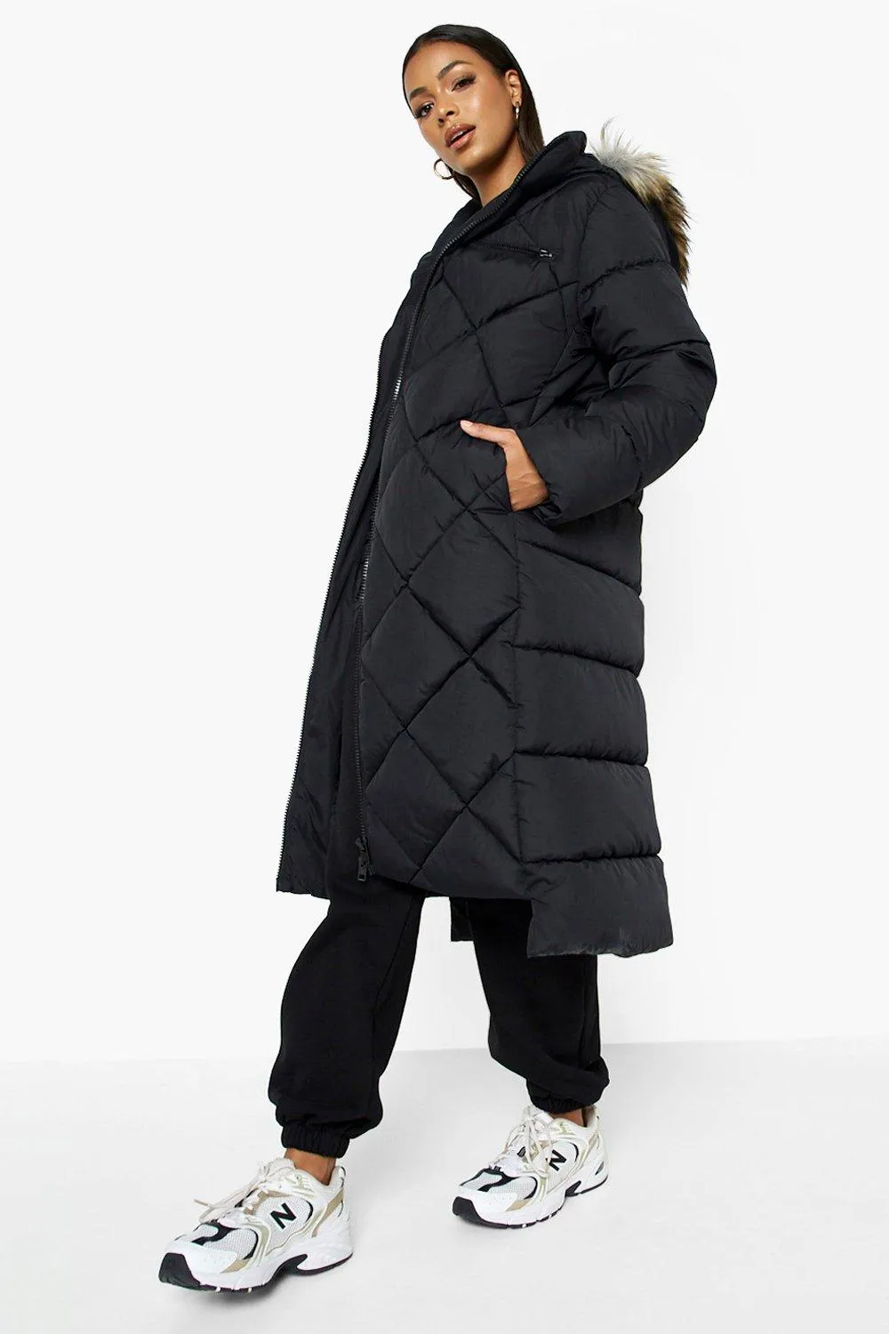 Longline Faux Fur Trim Puffer Jacket