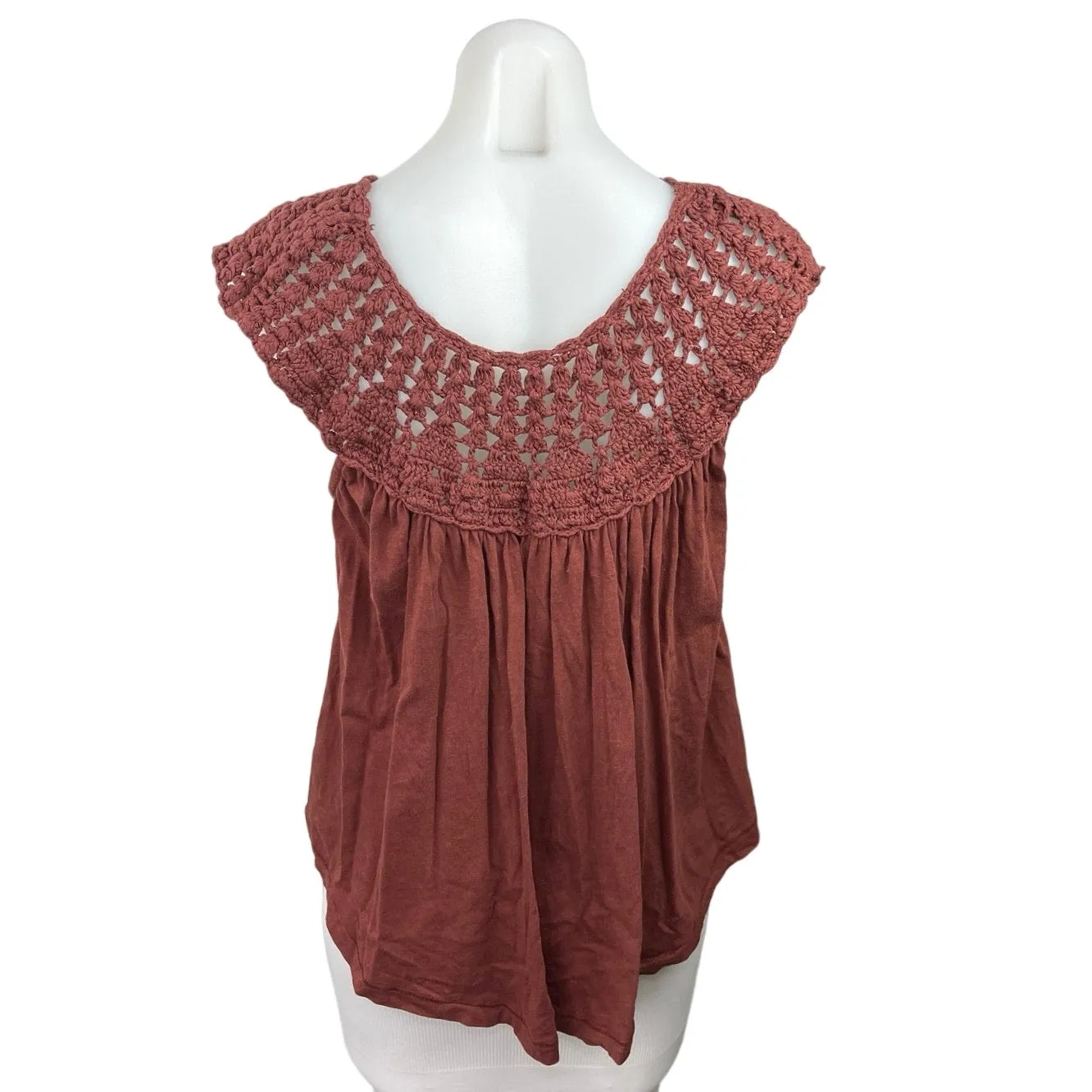 Lucky Brand Women's Brown Round Neck Sleeveless Crochet Yoke Tee Top Size XS