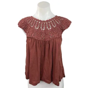 Lucky Brand Women's Brown Round Neck Sleeveless Crochet Yoke Tee Top Size XS