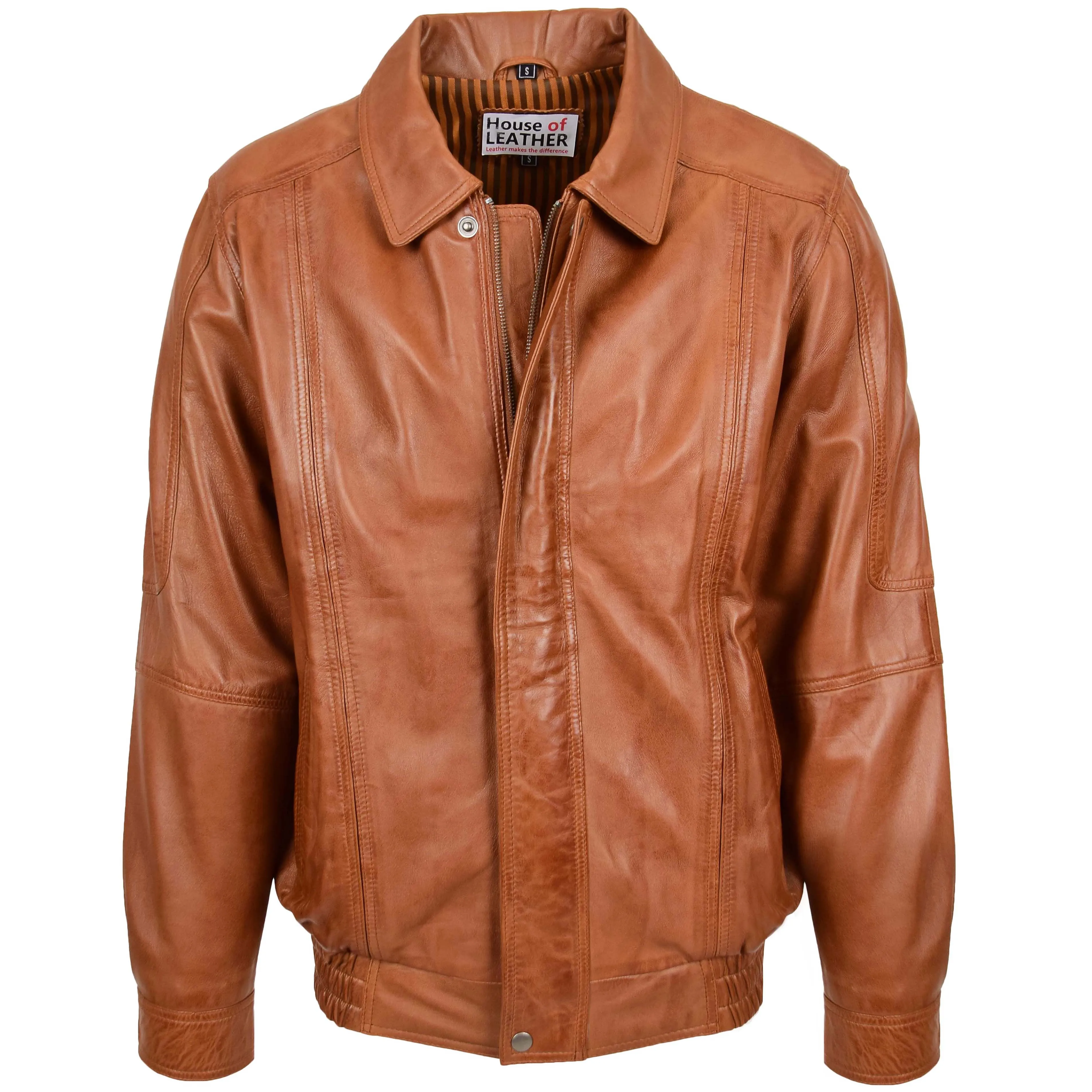 Mens Bomber Leather Jacket Classic Style Jim Tan