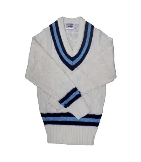 Mens cricket jumper off white/navy/sky blue Carta Sport