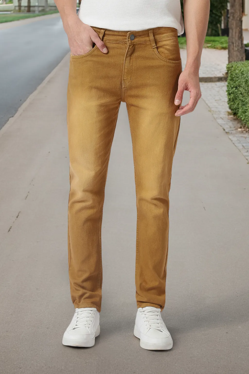 Men's Khaki Slim Fit Washed Jeans Stretchable