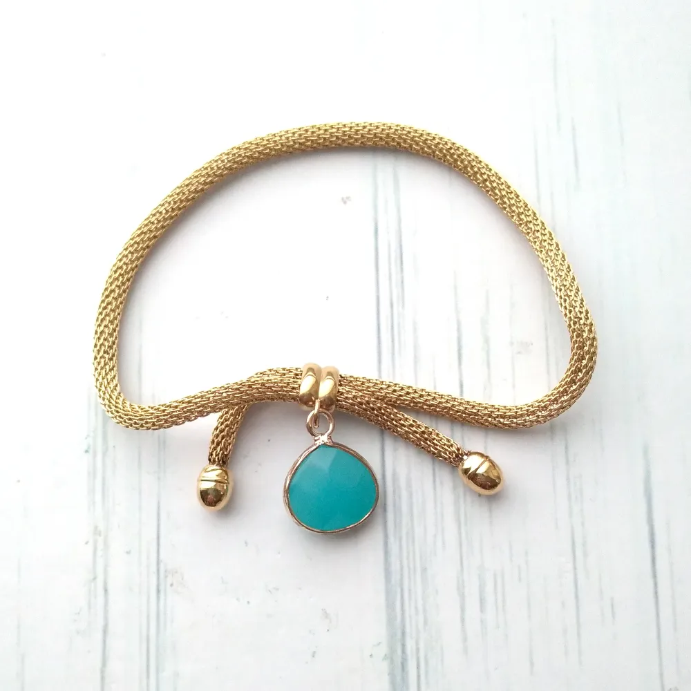 Metal Mesh Slider Bracelet With Seafoam Green Chalcedony