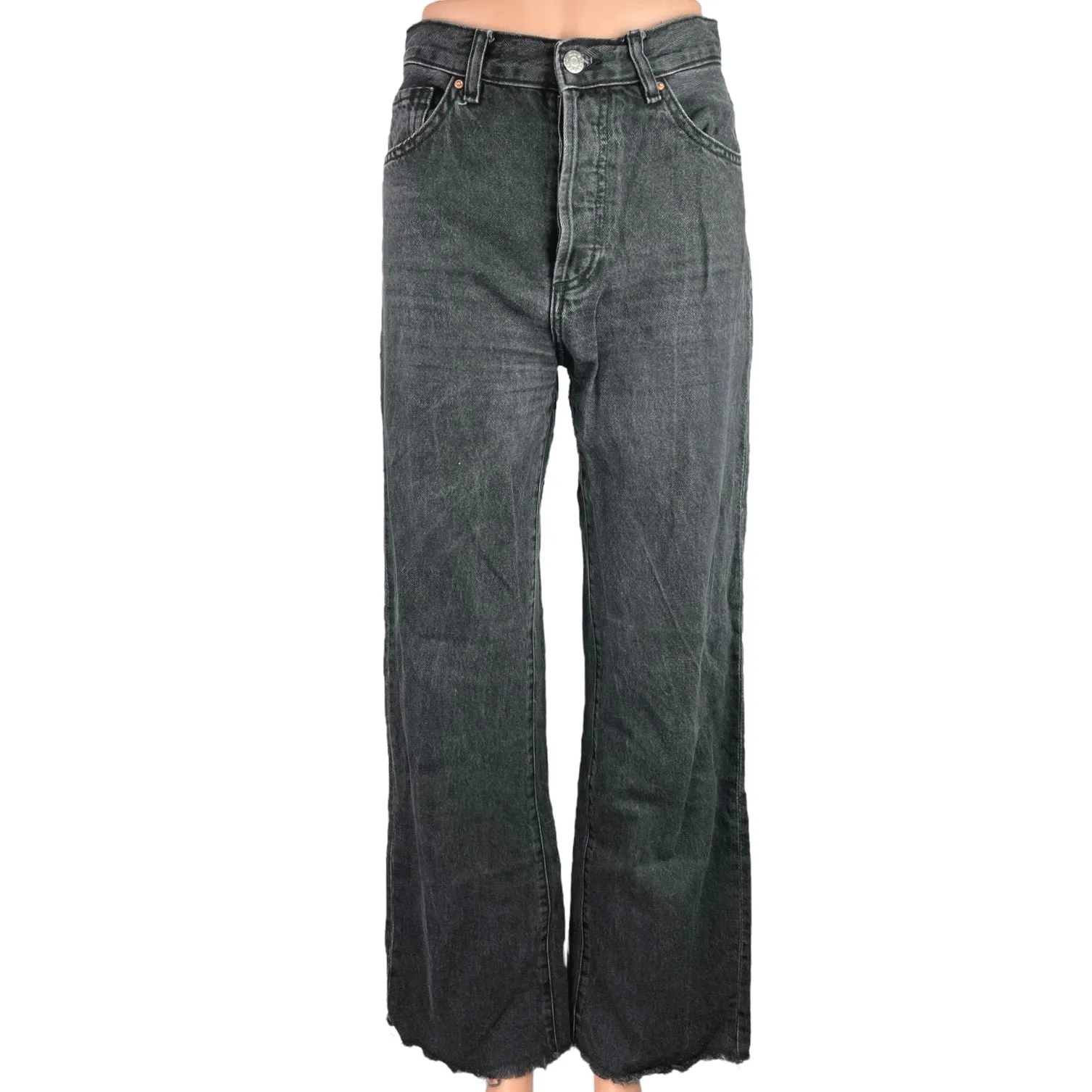 MNG Black Nora High Rise Raw Hem Casual Stretch Wide Leg Ankle Denim Jeans Sz 2