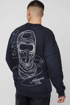 Moto Mask Line Drawing Graphic Spray Washed Sweatshirt
