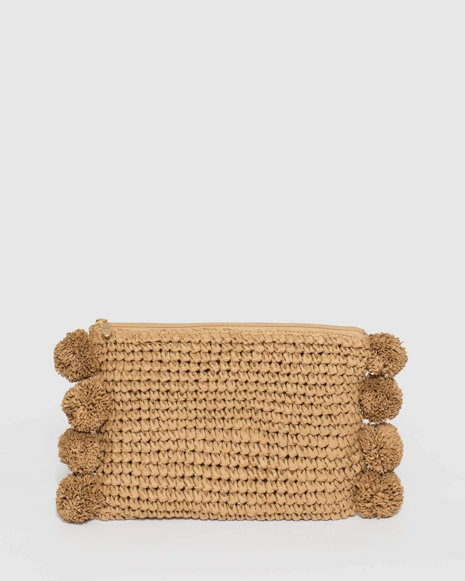 Natural Helena Pom Pom Clutch Bag