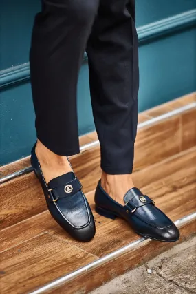 Navy Blue Buckled Loafers