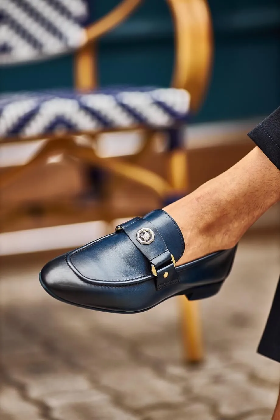 Navy Blue Buckled Loafers