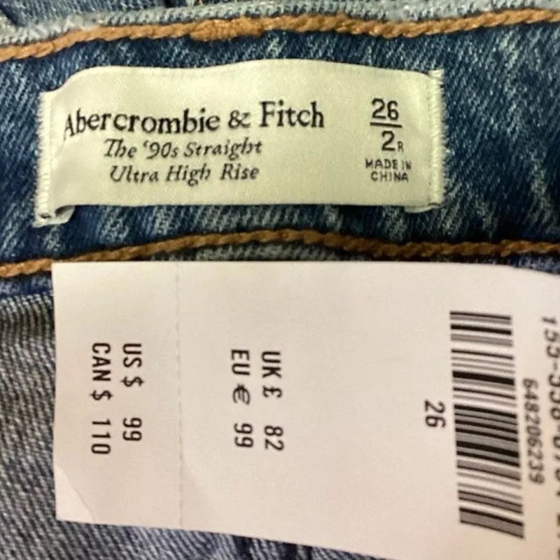 NEW Abercrombie & Fitch The 90's Blue Ultra High Rise Ripped Straight Jeans 26