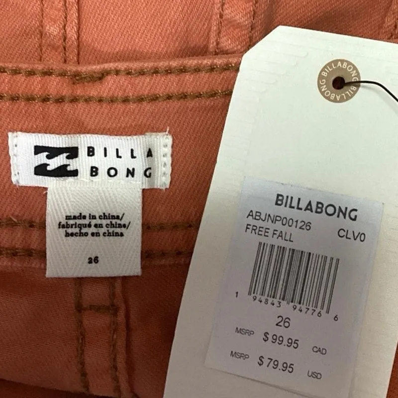 NEW Billabong Orange Denim High Rise Raw Hem Stretchable Wide Flared Jeans Sz S