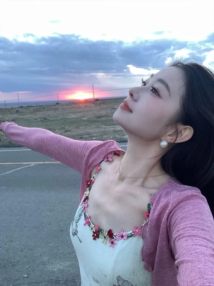 New Chinese style national style EIA Yiyao [born like summer flowers] pure desire French dress for women summer + cardigan two-p