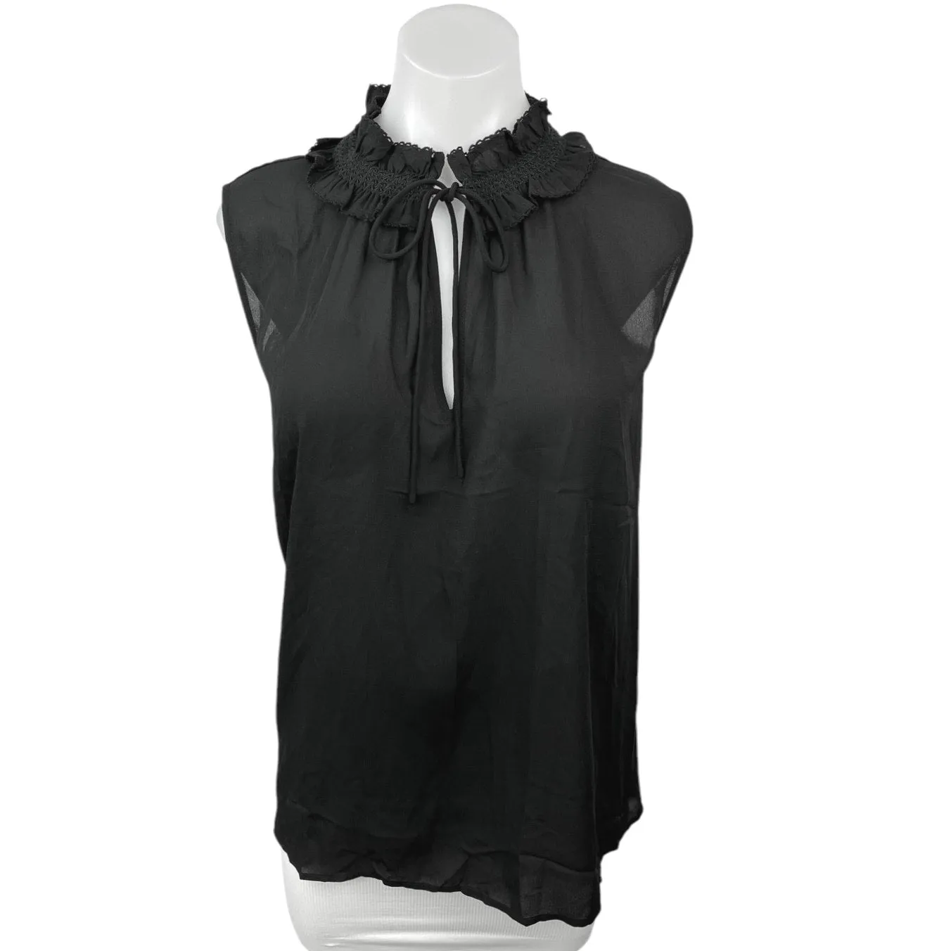 NEW LOFT Black Ruffle Mock Tie Neck Sleeveless Sheer Blouse Tank Top Size XL