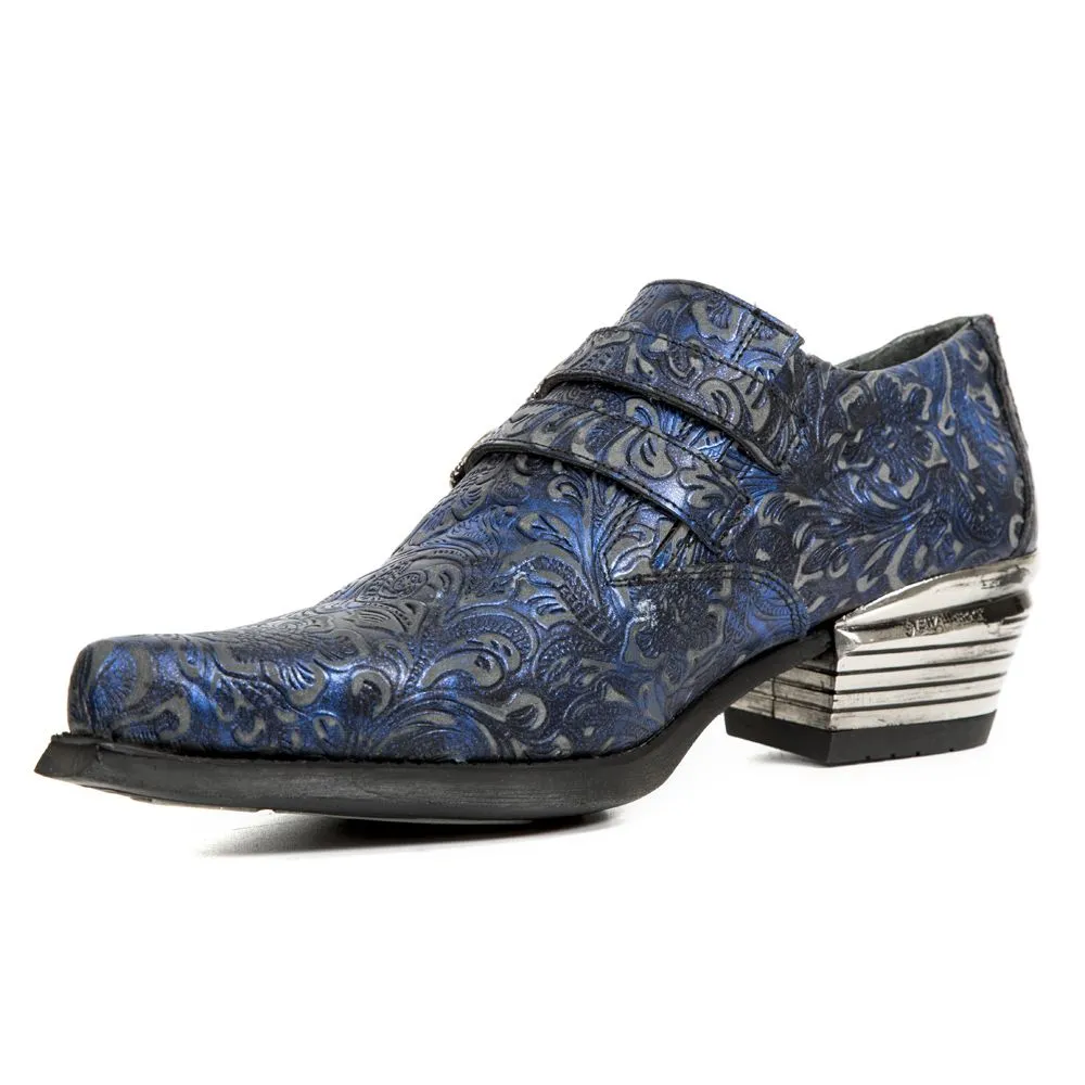 NEW ROCK - M-7960-S7 Men's Blue Leather Steel Embossed Ankle Boots