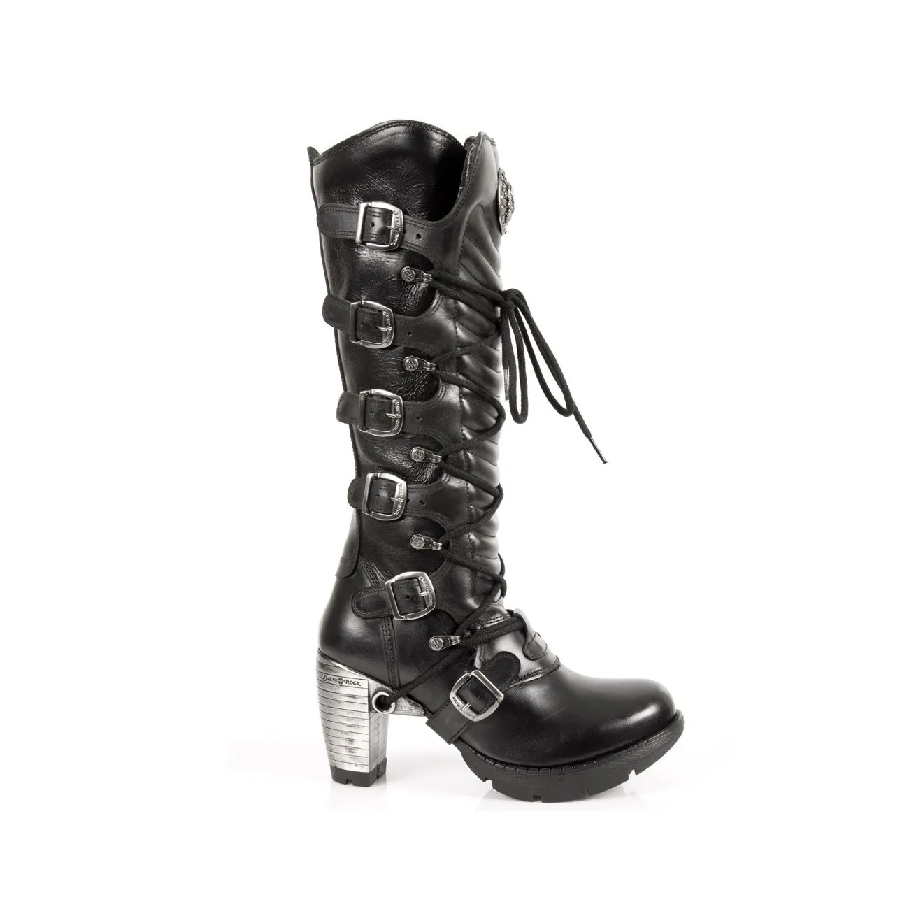 New Rock TR004-S1 Ladies Black Leather Buckle Lace Knee High Biker Boots