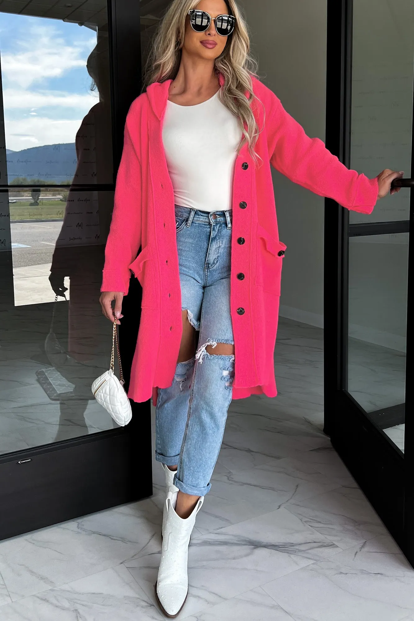 No Approval Needed Hooded Knit Cardigan (Pink)