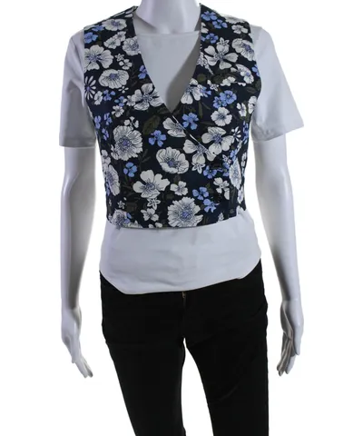 Not Available Veronica Beard Womens Linen Navy Floral V-neck Sleeveless Brinkley Top