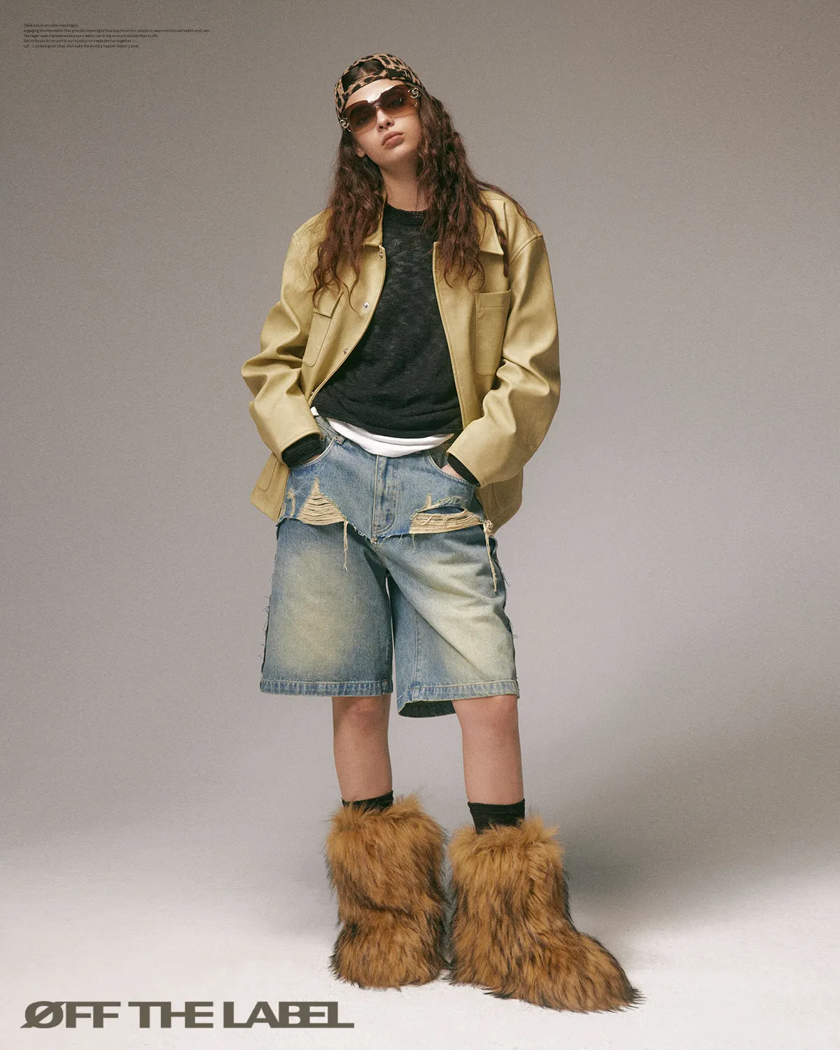 OFF THE LABEL Collared Leather Jacket Dry Grass