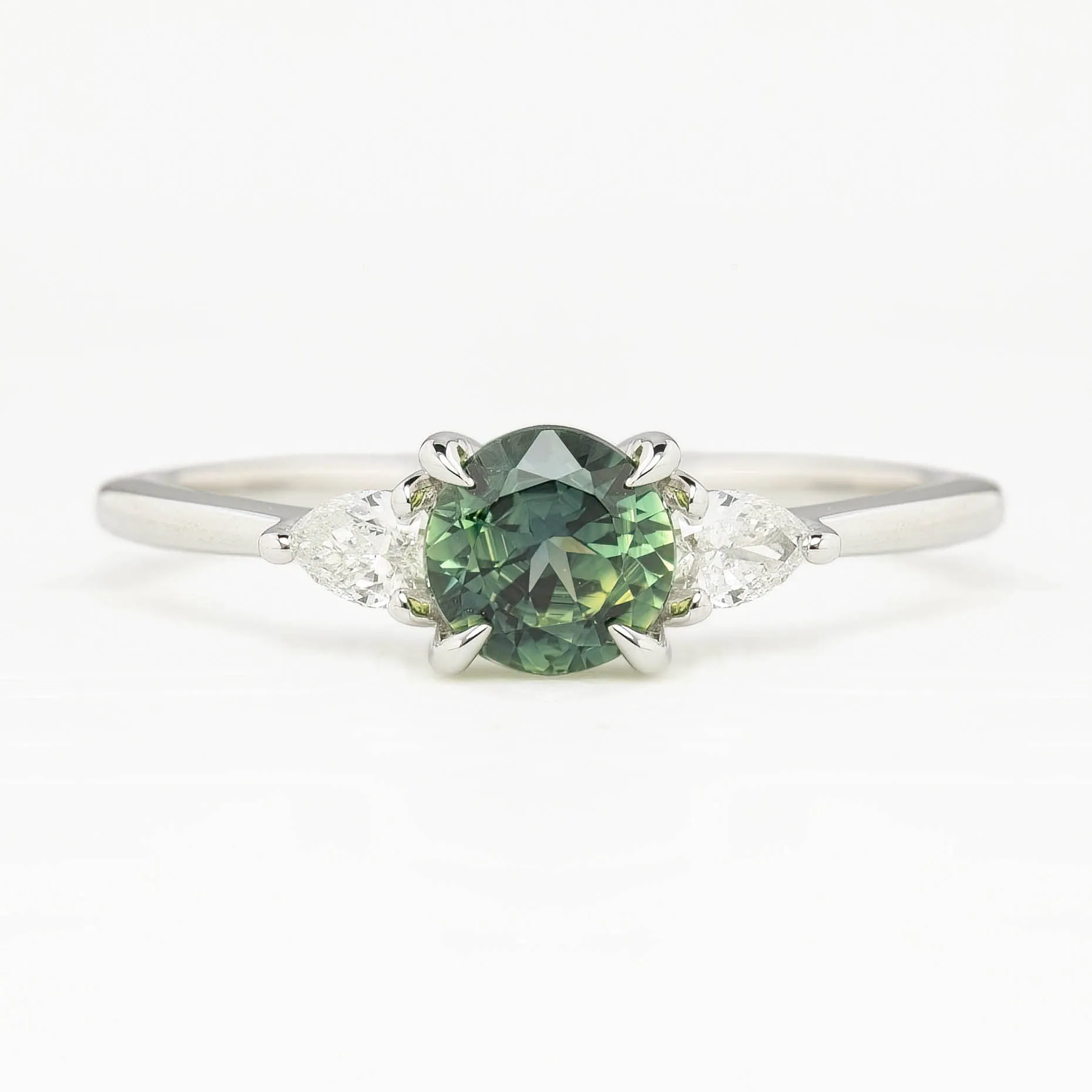 Olivia Ring 0.66ct Blue Green Queensland Round Sapphire Ring, 14k White Gold (One of a kind)