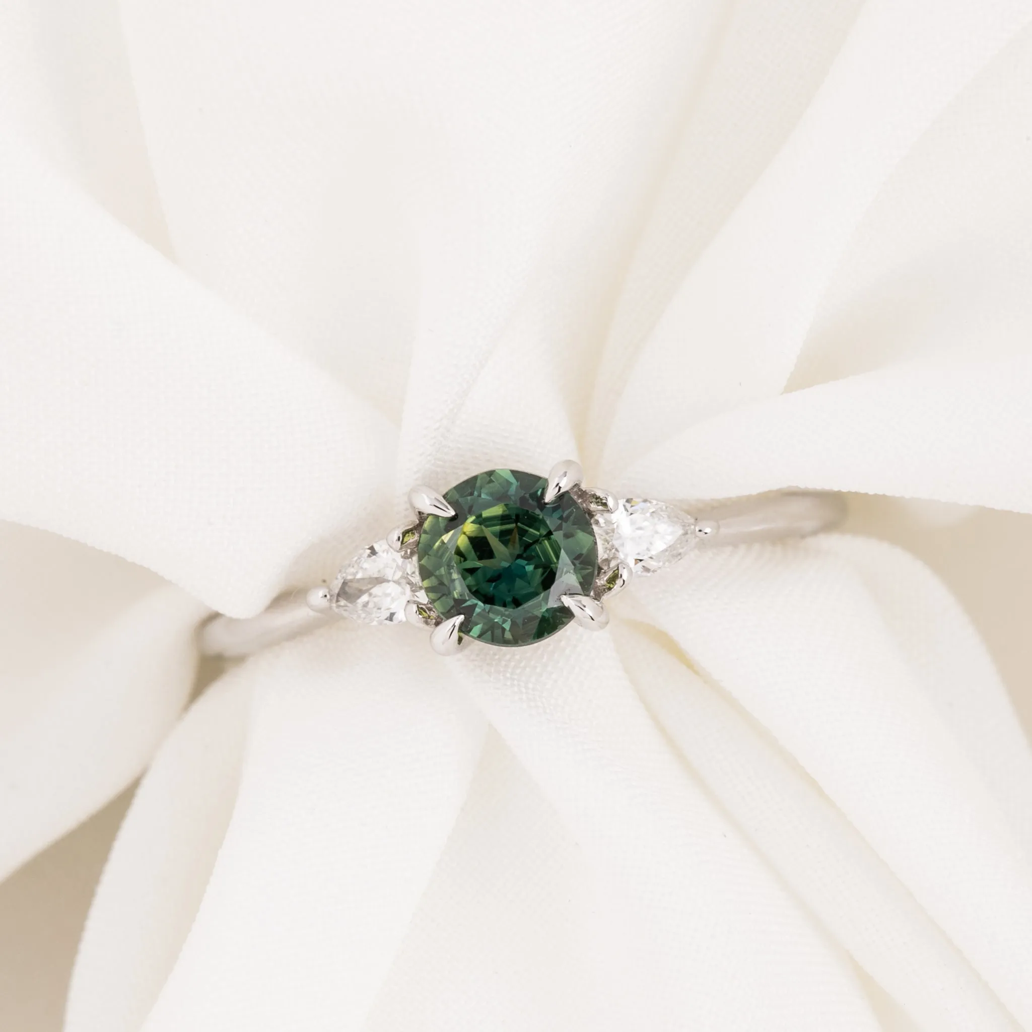 Olivia Ring 0.66ct Blue Green Queensland Round Sapphire Ring, 14k White Gold (One of a kind)