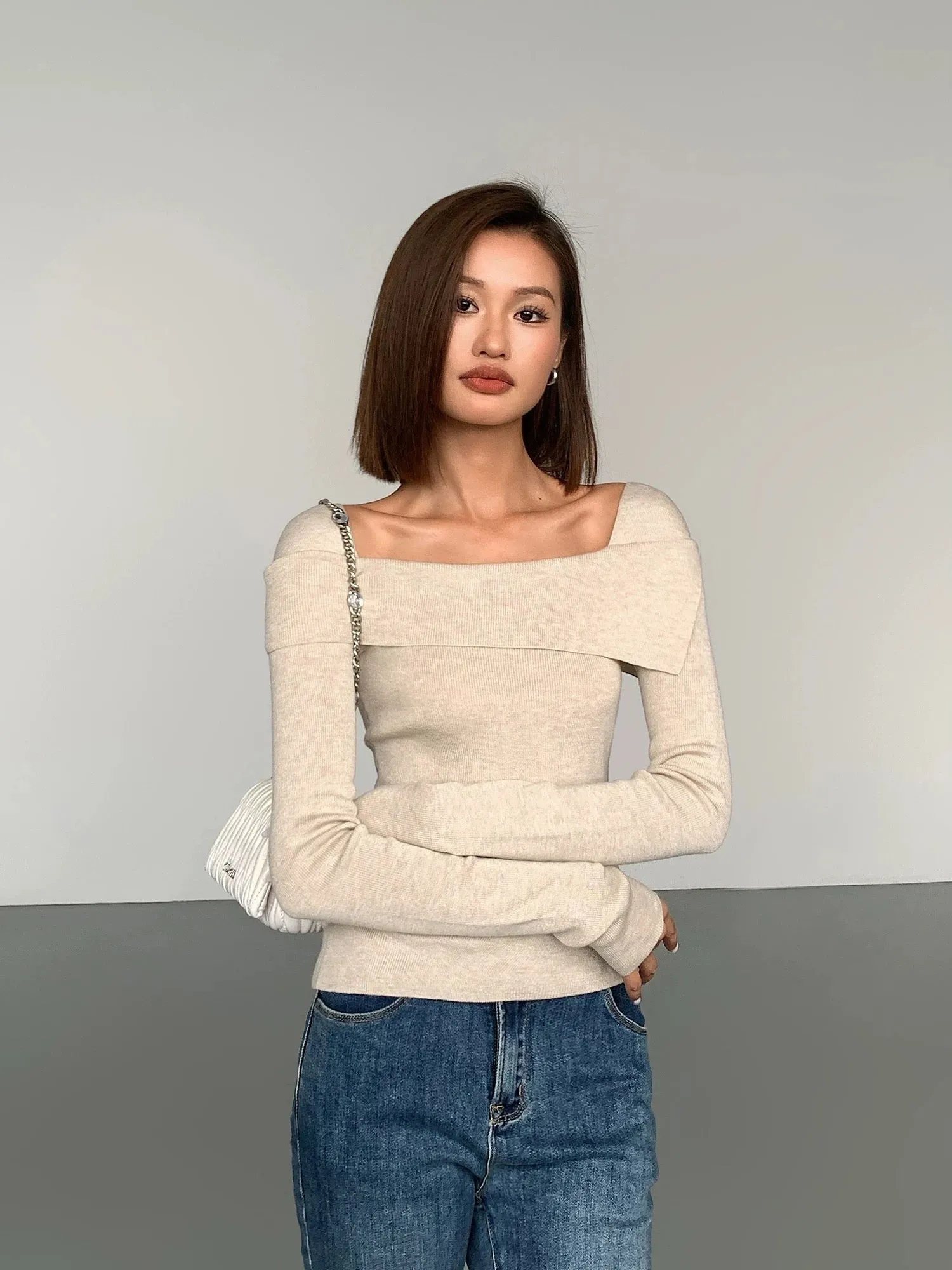 ousph black square lapel gentle style long-sleeved bottoming sweater for women autumn and winter new style waist slim gray top