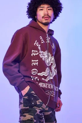 Oversized Dragon Print Zip Through Hoodie