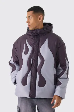 Oversized Flame Quilted Hooded Puffer Jacket In Purple