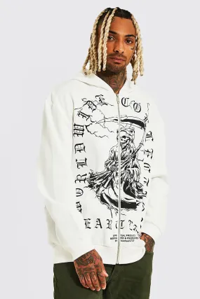 Oversized Gothic Skull Zip Through Hoodie