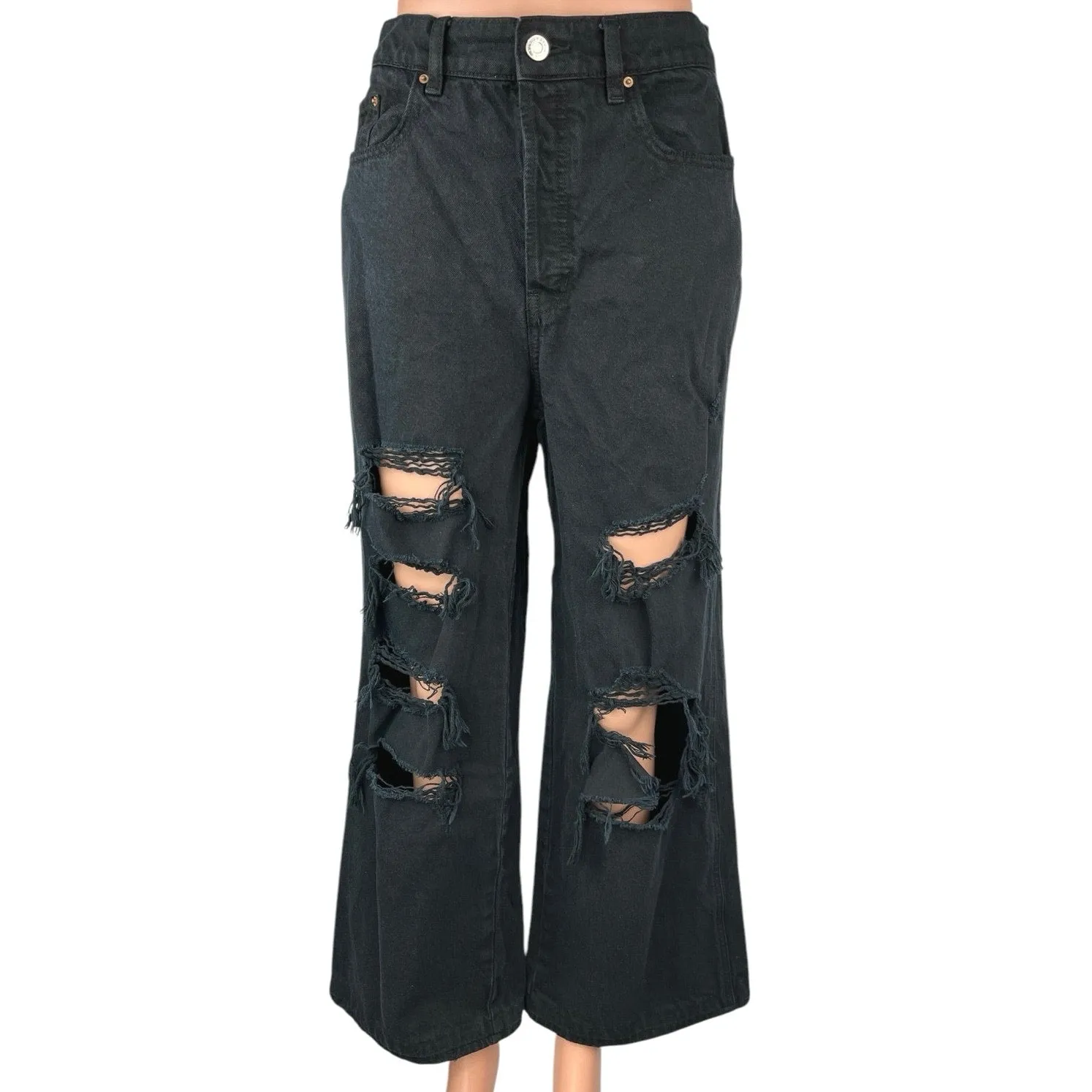 Pacsun Women's Black Baggy Distressed Ripped Wide Leg High Waist Denim Jeans 28