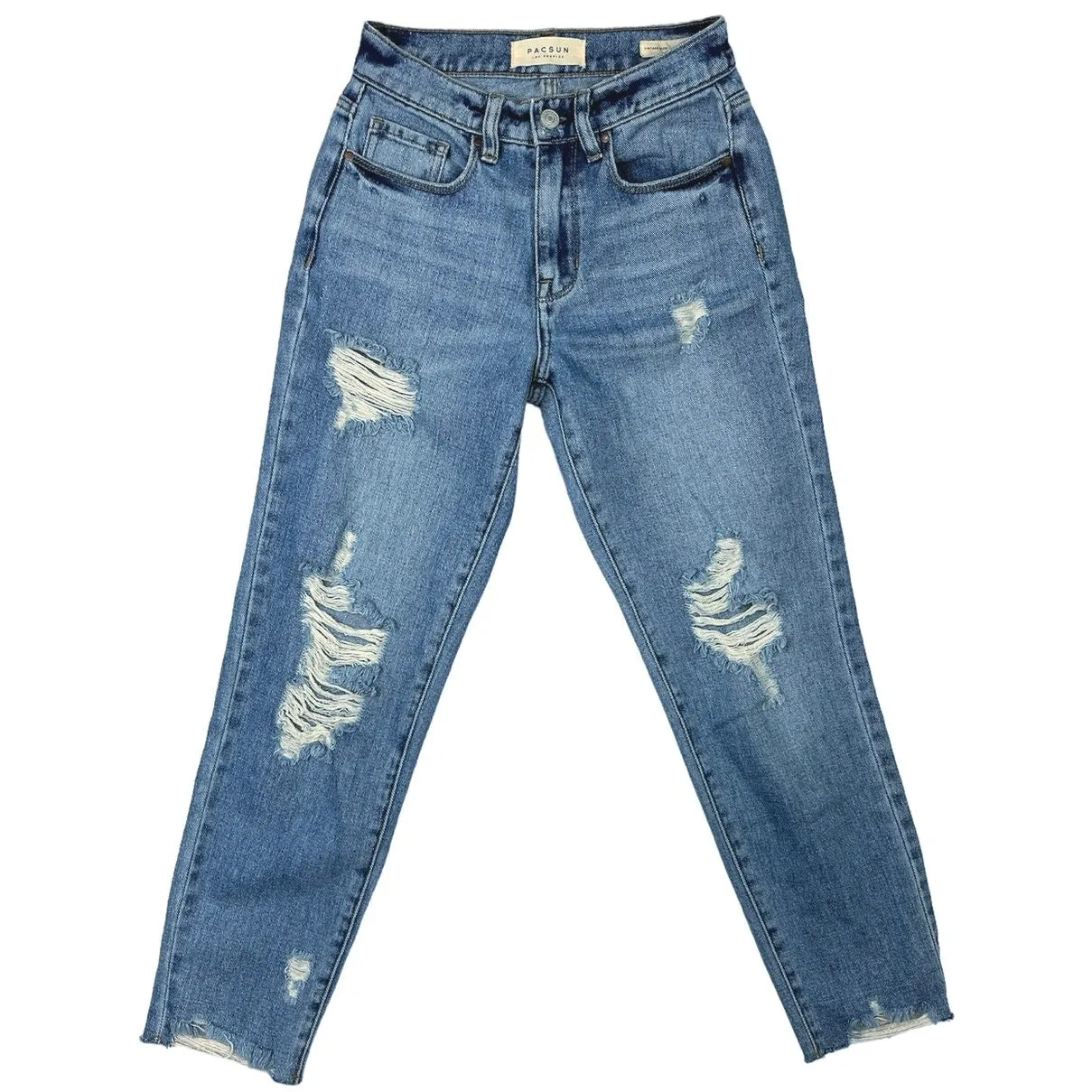 Pacsun Women's Medium Wash Blue Mid Rise Cropped Distressed Denim Jeans Size 25
