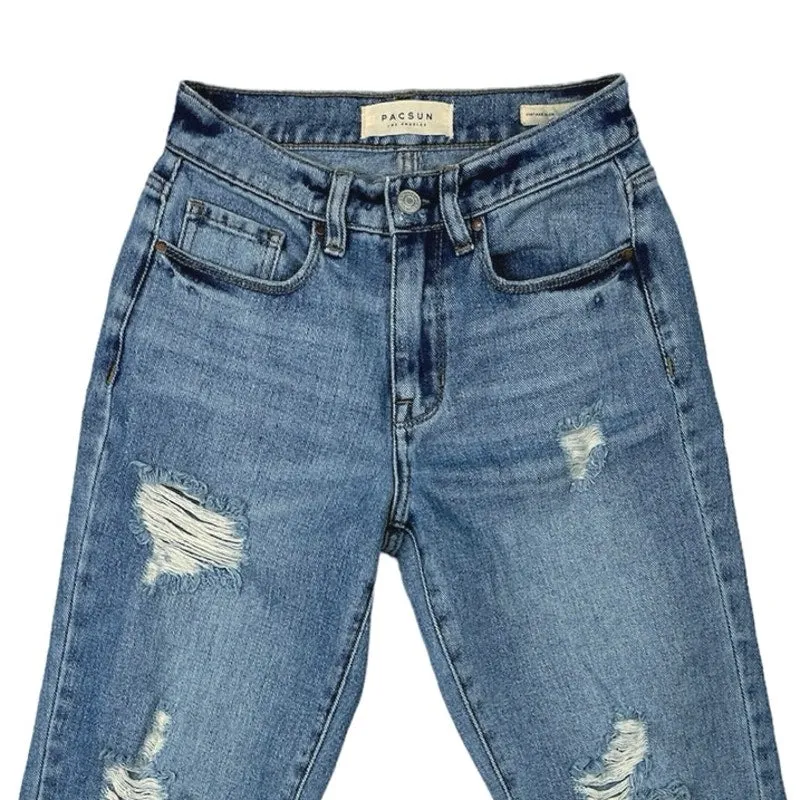 Pacsun Women's Medium Wash Blue Mid Rise Cropped Distressed Denim Jeans Size 25