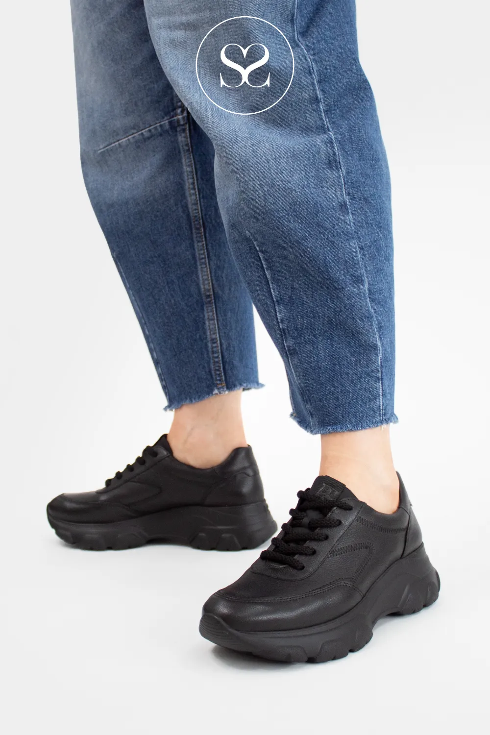 PAUL GREEN 5359 BLACK LEATHER CHUNKY SPORTY TRAINERS