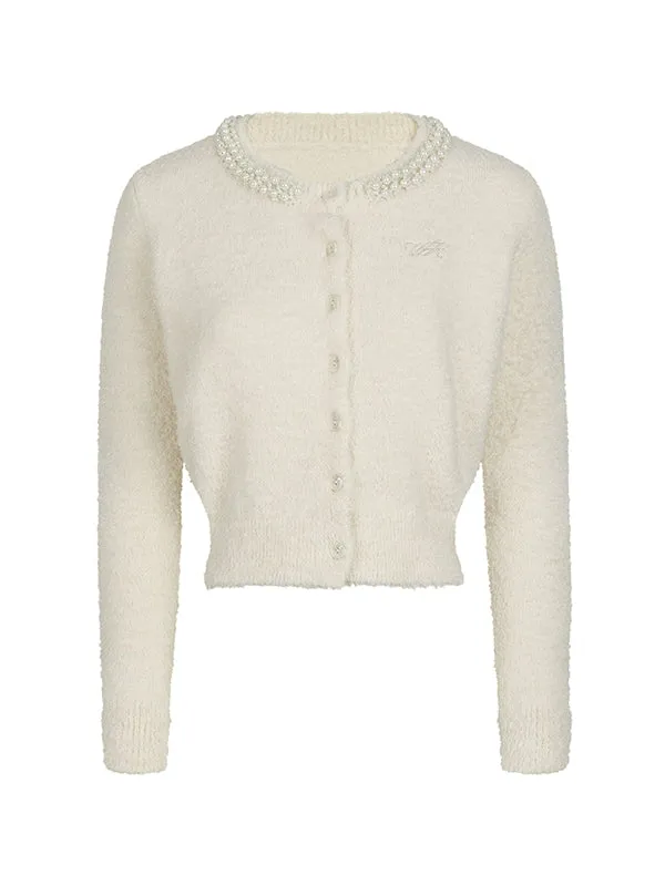 Peart Crew-Neck Short Feminine Fluffily Knit Cardigan