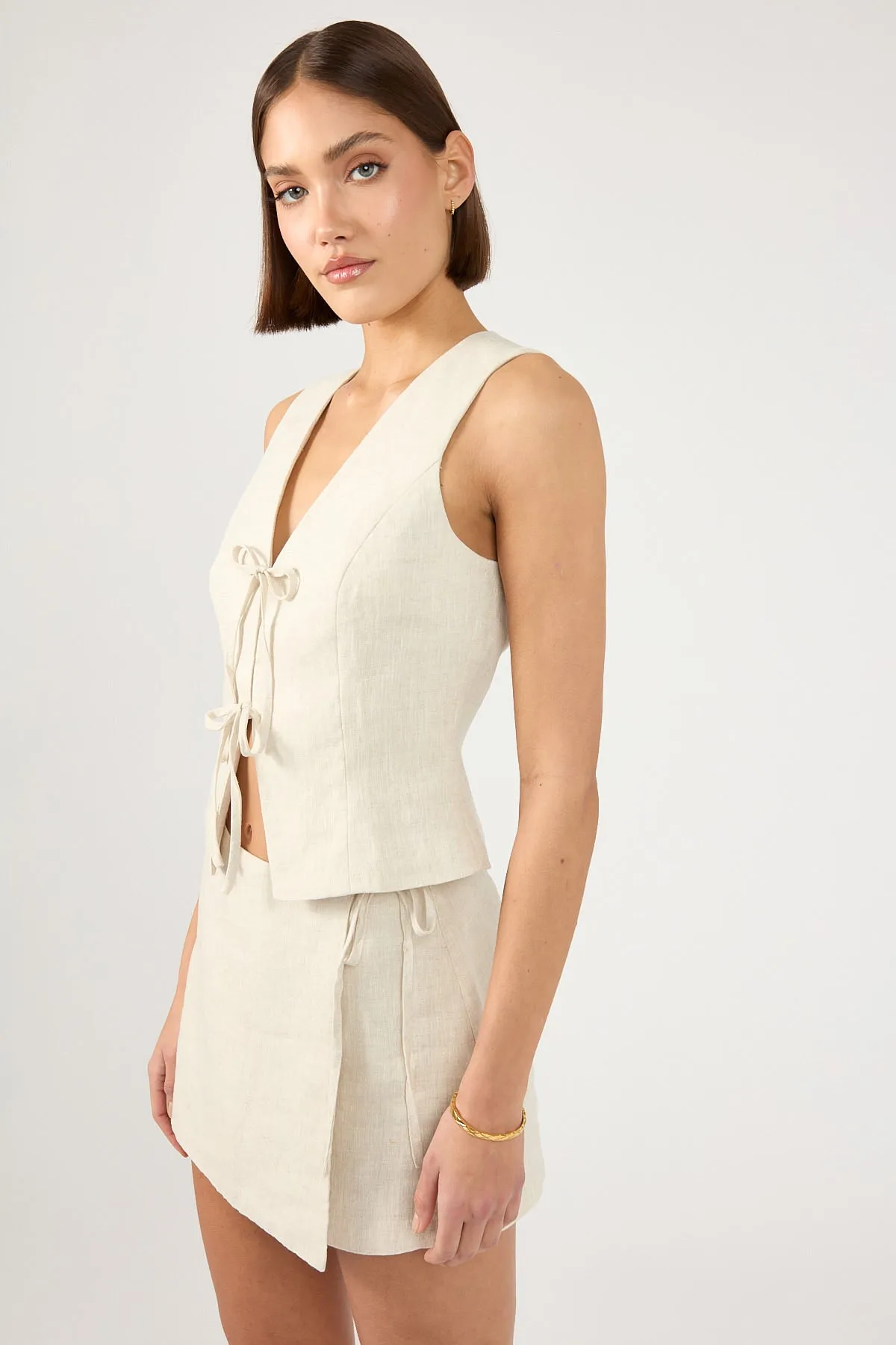 Perfect Stranger Linen Tie Up Vest Top Oatmeal