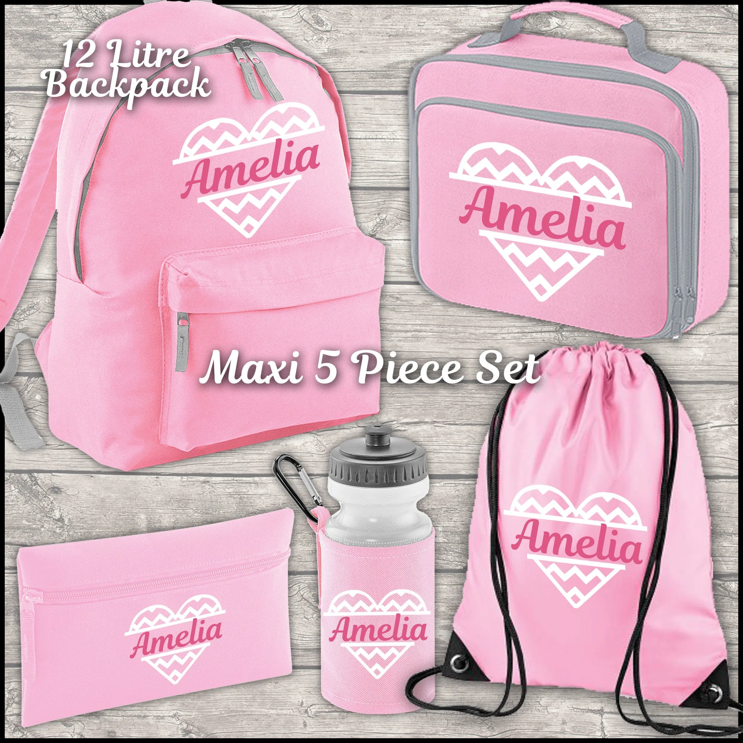 Personalised Heart Backpack Kids 18 12 or 9 Litre Boys Girls Name Lunch Bag Water Bottle Pencil Case School PE Bag Back To Schoo