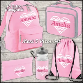 Personalised Heart Backpack Kids 18 12 or 9 Litre Boys Girls Name Lunch Bag Water Bottle Pencil Case School PE Bag Back To Schoo